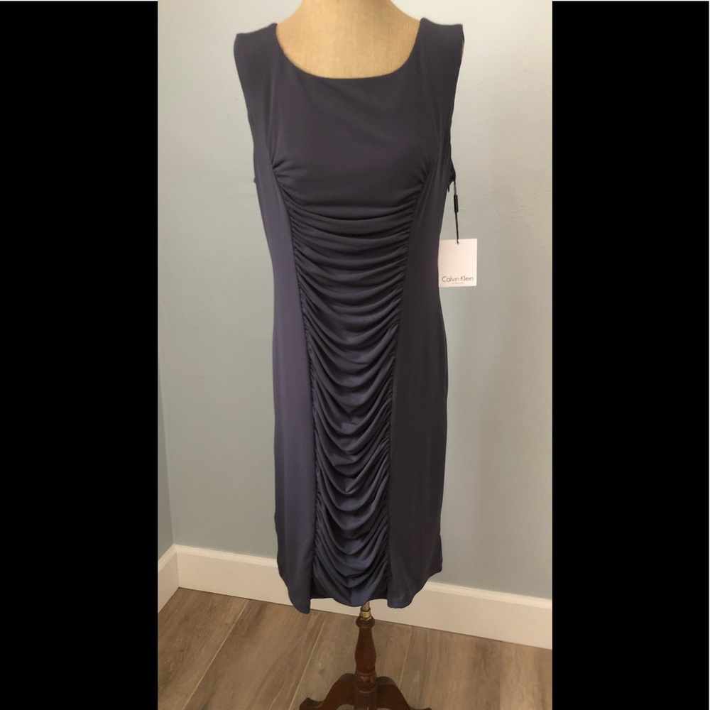 NWT Calvin Klein Charcoal Gray Rushed Sleeveless Dress - Beautiful - Size 10